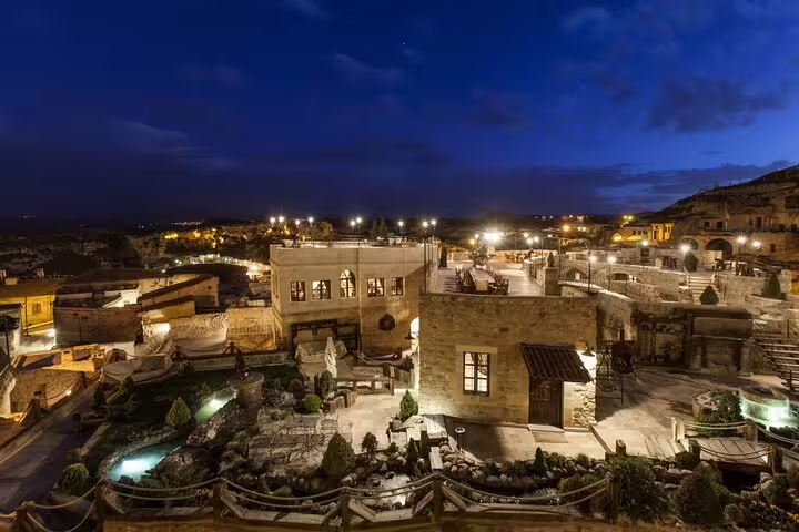 Evening view of Cappadocia cave hotel terrace in Goreme on 2 day 1 night tour from Istanbul