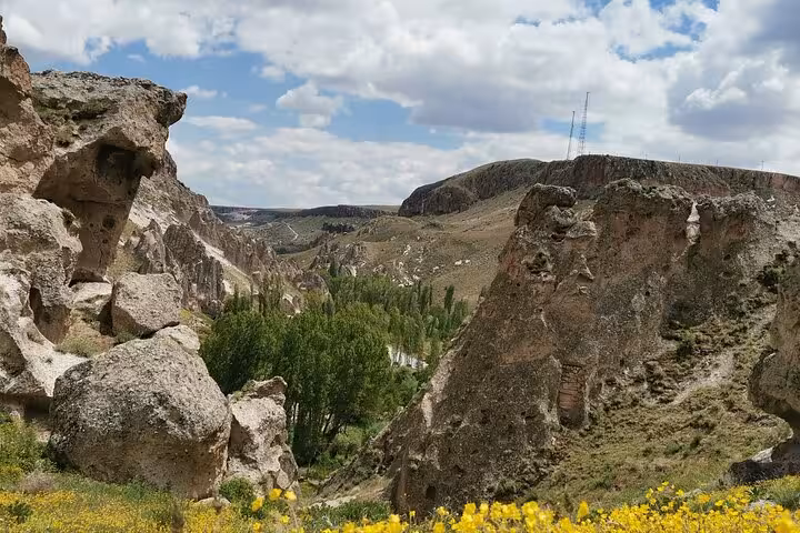 Cappadocia Green Tour valley viewpoint with rocky cliffs, wildflowers and lush river trees under clouds