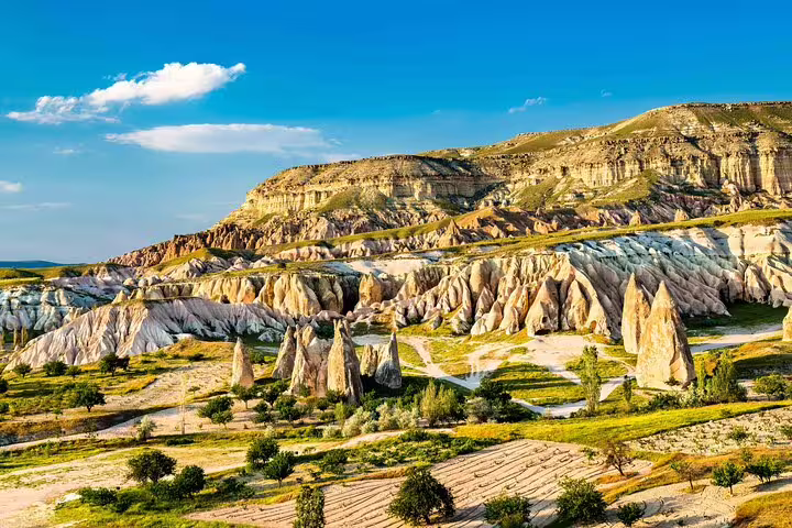 Stunning panoramic view of Cappadocia's vibrant rock formations and lush valleys on exclusive guided tour.