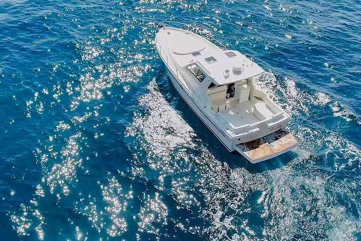 Luxurious boat cruising through sparkling blue waters on a Capri tour from Sorrento, offering limoncello for 12 guests.