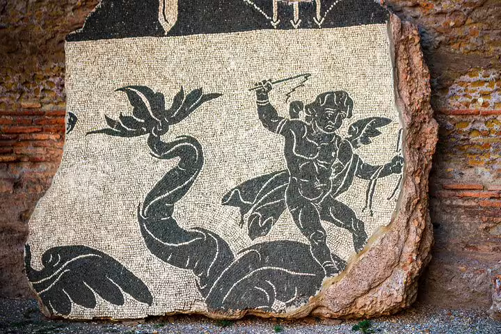 Ancient mythological mosaic detail at the Baths of Caracalla, seen on an exclusive Rome private guided tour with VIP entry