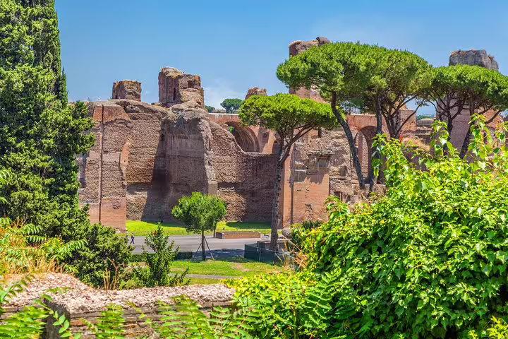 Lush gardens and towering ruins of the Baths of Caracalla in Rome, visited on an exclusive private guided tour with VIP access