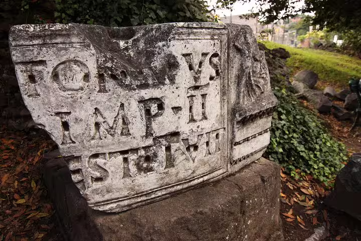 Weathered Latin inscription stone among greenery at the ancient Baths of Caracalla on a private Rome archaeological tour