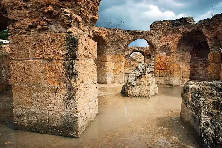Explore the atmospheric stone arches and ancient architecture of Carthage's Roman ruins on a private tour from Tunis.