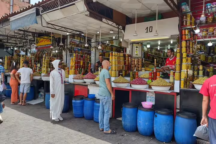 Spice and olive market stop on private 6-day desert tour from Casablanca to Marrakech, Morocco souk