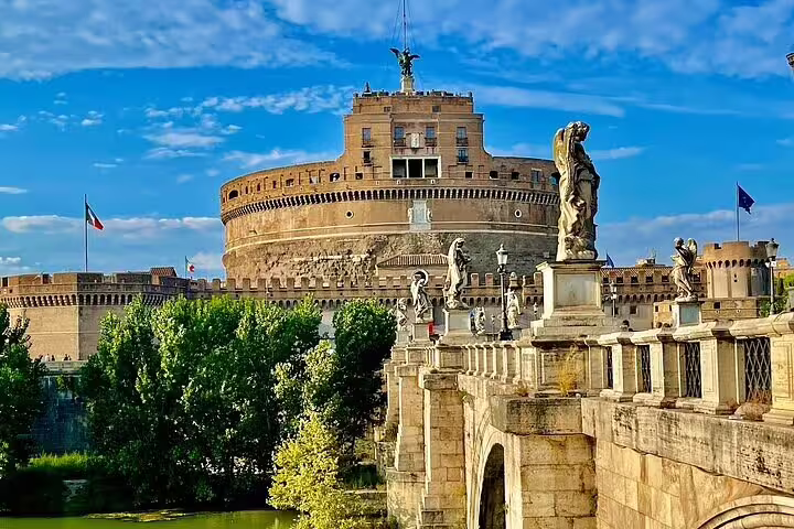 Castel Sant’Angelo and Ponte Sant’Angelo statues in Rome on a sunny day, featured in St Peter’s Basilica and Dome combo tour
