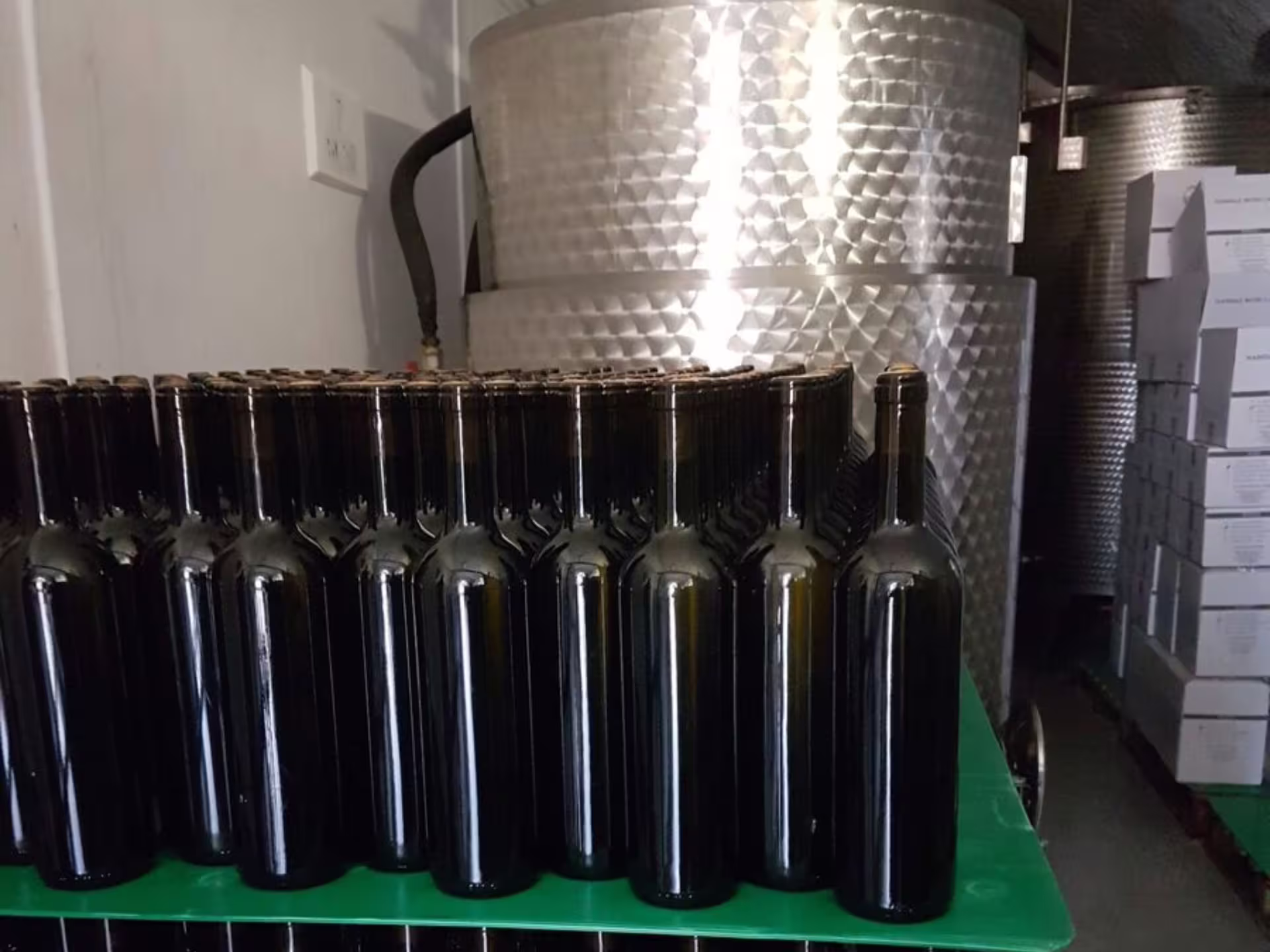 Rows of wine bottles ready for filling in a Castelli Romani winery, showcasing local wine production and heritage.