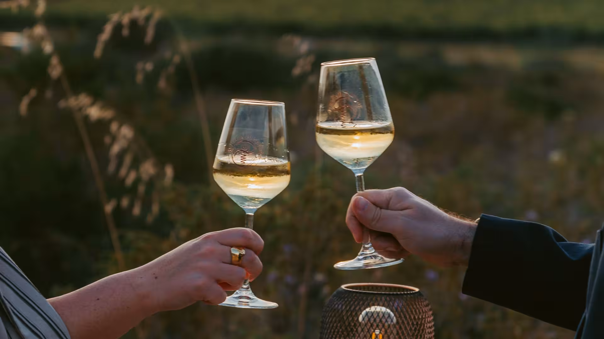 Two people toasting with white wine glasses at sunset in a picturesque Castelsardo vineyard setting.