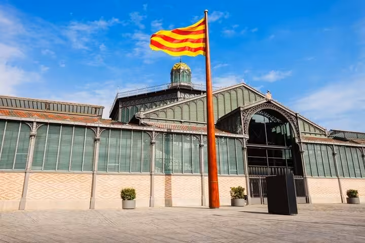 Catalan flag outside Barcelona Born market near El Born, a stop on the Gothic Quarter small group tour
