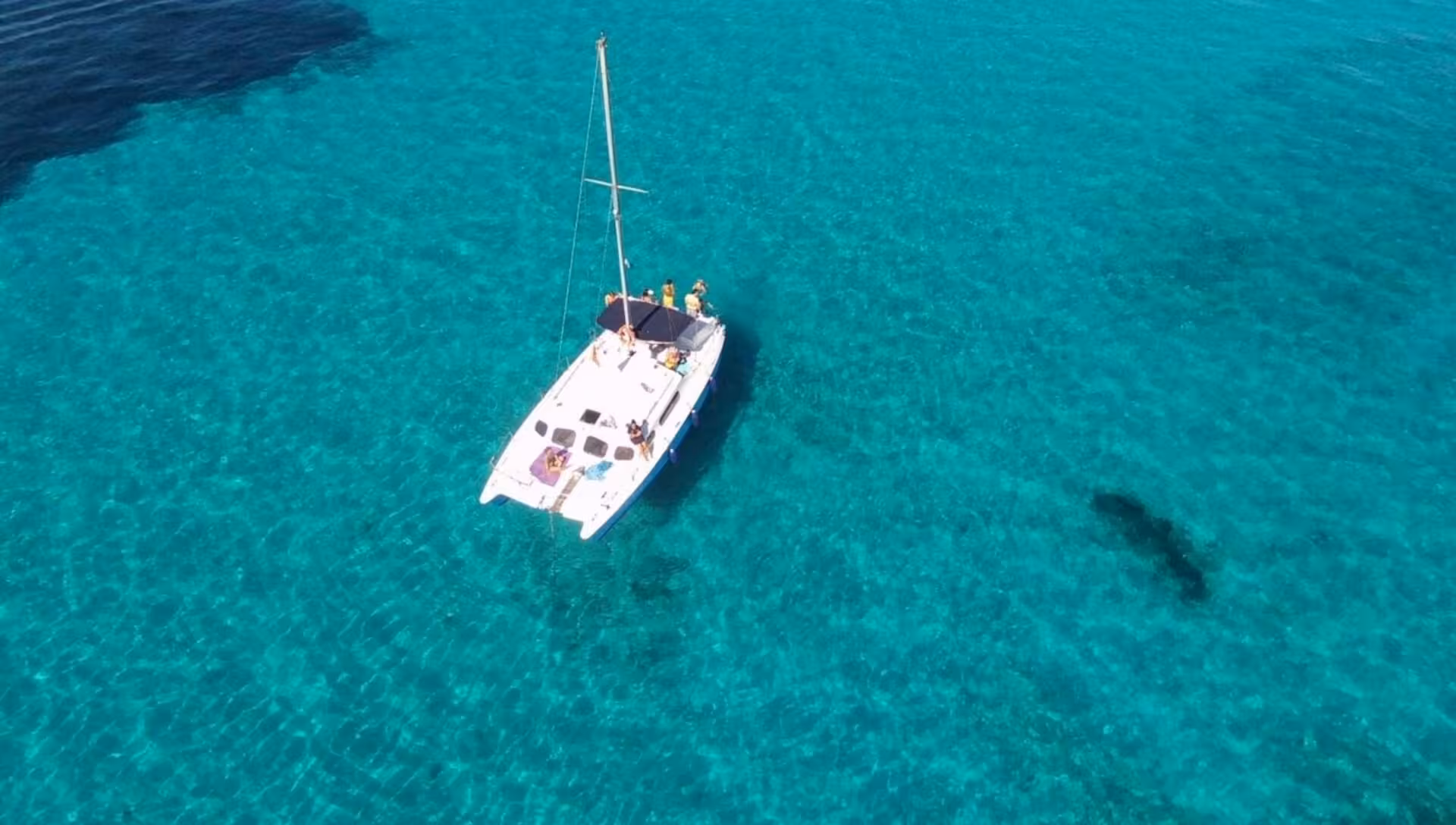 Aerial view of a catamaran in the vibrant turquoise waters of the Gulf of Asinara near Stintino.