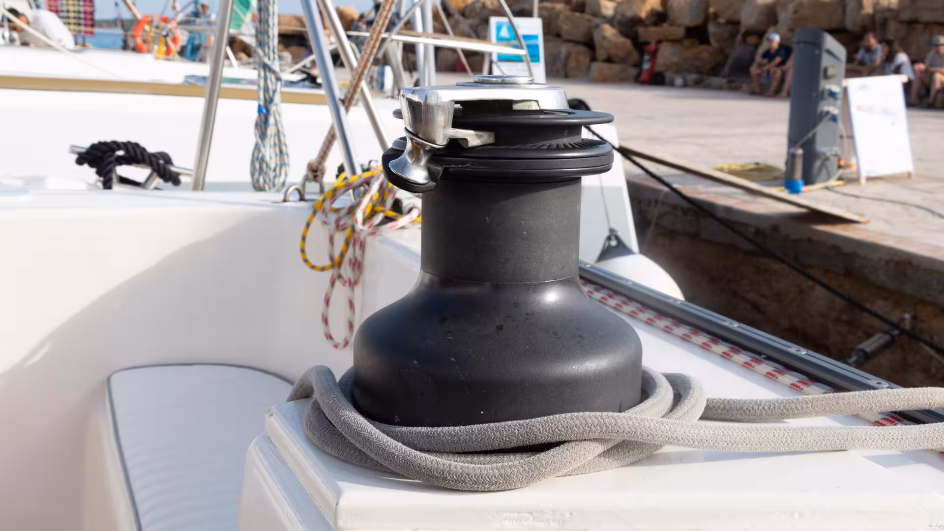 Close-up of catamaran winch and ropes in Stintino, perfect for sailing on the Asinara Island tour.