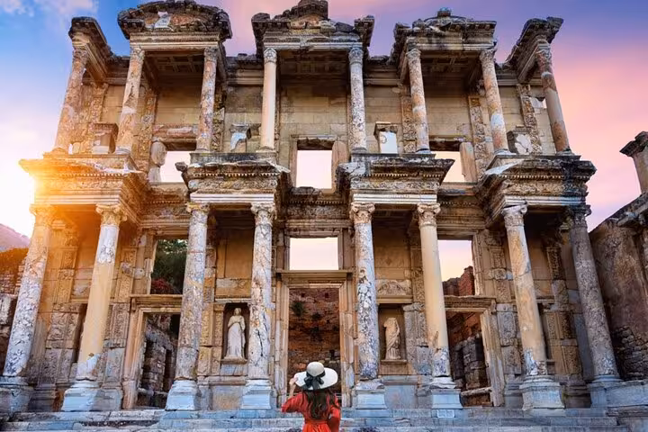 Celsus Library at Ephesus at sunset on private shore excursion from Kusadasi Port with expert guide