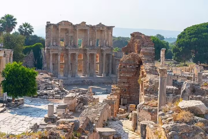 View of the impressive Celsus Library ruins in Ephesus, a highlight of the Kusadasi Port wine tasting tour.