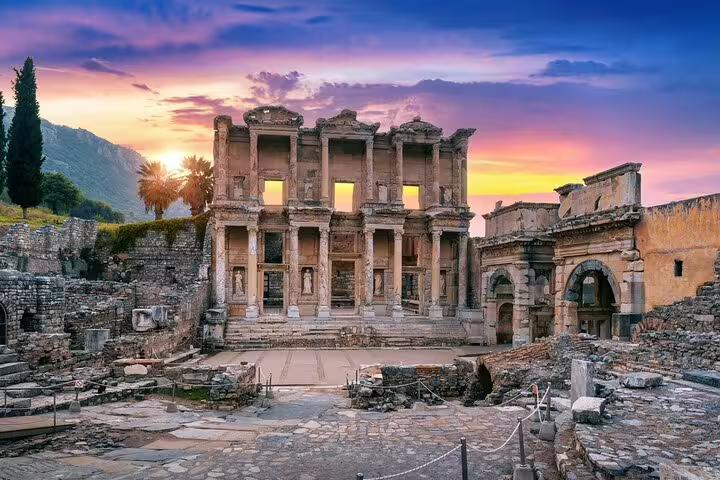 Explore the stunning Celsus Library at sunset during the Ephesus Private Shore Excursion from Kusadasi Port.