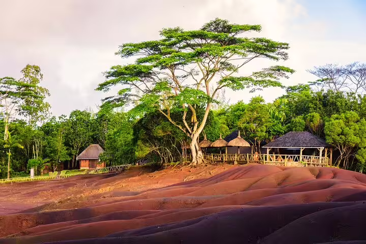 Chamarel Seven Coloured Earth viewpoint huts, scenic highlight on a south Mauritius private full-day tour