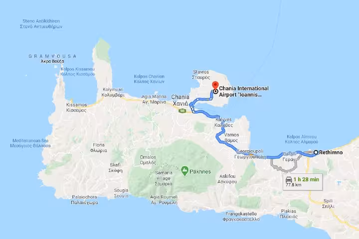 Map showing Chania Airport to Rethymno route for 8 pax private transfer in Crete, including drive time and distance