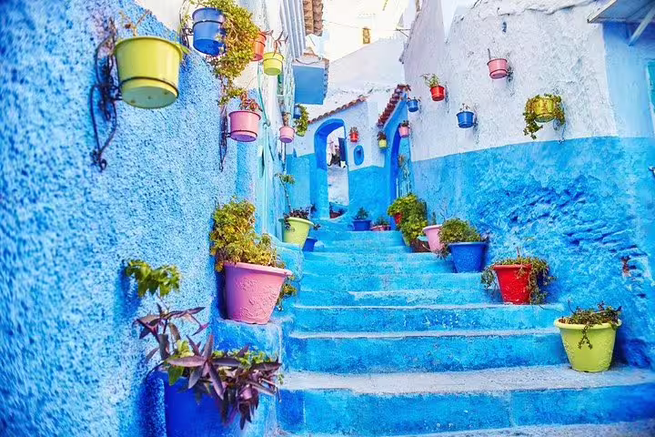 Chefchaouen blue alley stairway with colorful flower pots, Morocco 10-day tour from Casablanca