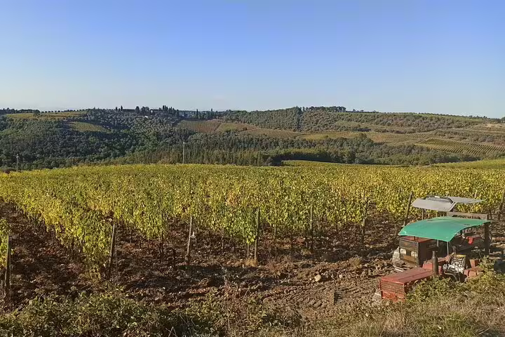 Scenic Chianti Classico vineyard with farm tractor and rolling Tuscan hills on San Gimignano wine experience tour