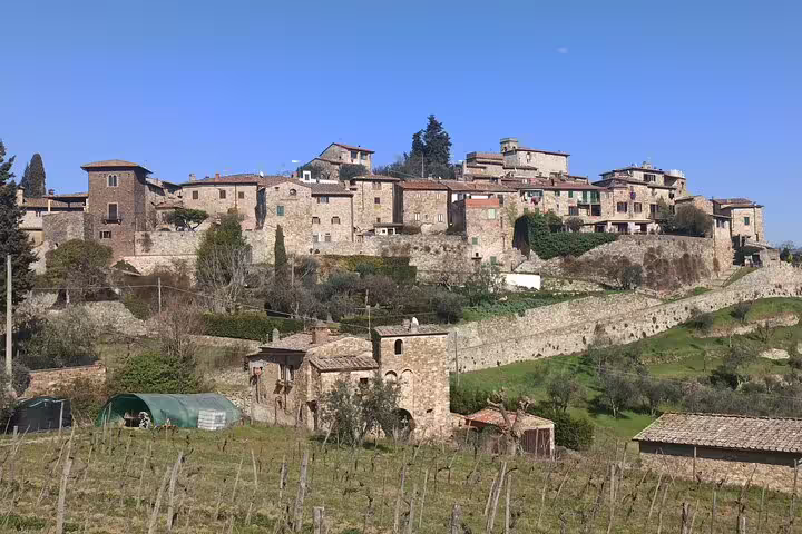 Hilltop stone village and vineyards in Chianti countryside, captured during a private afternoon tour of Tuscan wine farms