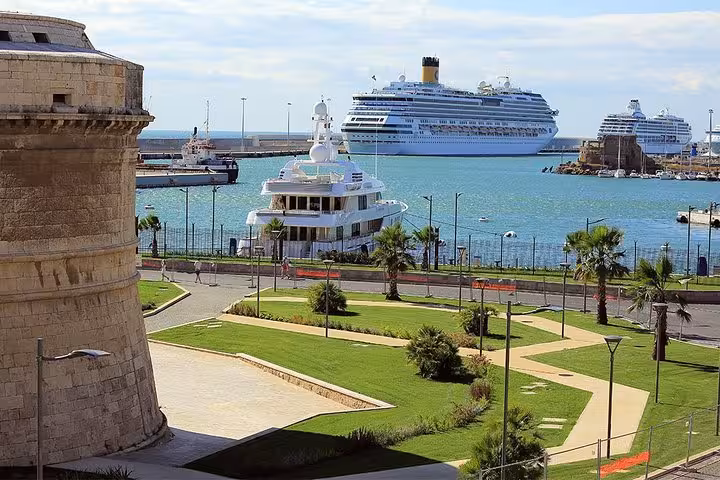 Civitavecchia port with cruise ships and lush greenery, ideal for transfers to Rome and Rome airports.