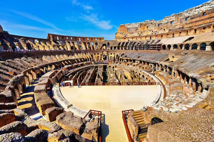 Panoramic view of the Colosseum arena floor and underground tunnels on a private Rome Colosseum and Forum guided tour