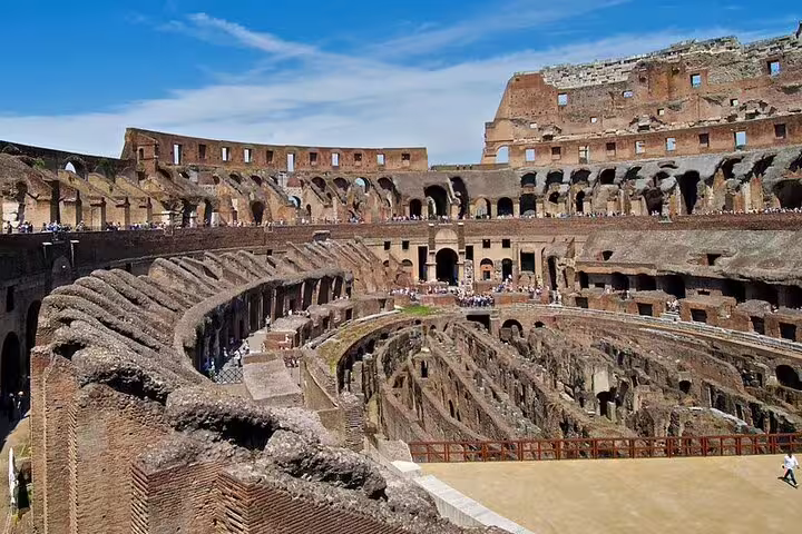 Panoramic interior view of the Colosseum arena and underground tunnels on a Rome private tour with VIP entrance