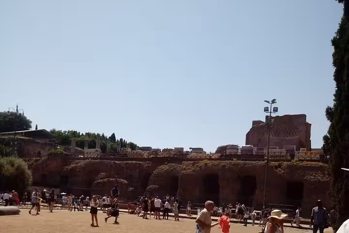 Tourists explore the ancient ruins of Palatine Hill under a clear blue sky on the Colosseum and Ancient Rome Express Tour.