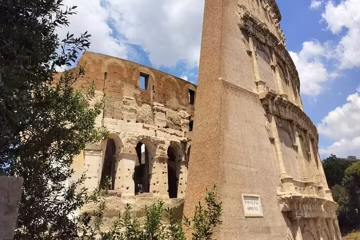 View of the Colosseum's ancient walls surrounded by greenery and a bright blue sky, ideal for guided tours in Rome.