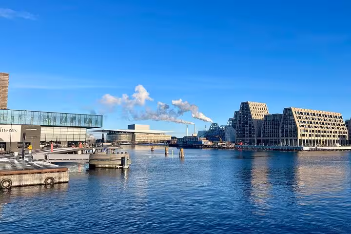 Modern architecture and clear blue skies over Copenhagen waterfront, ideal for a cultural walking tour experience.