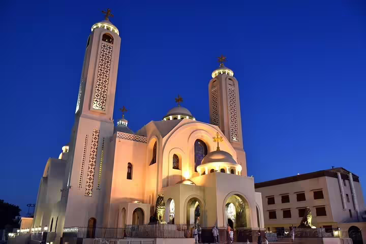Illuminated Coptic Cathedral in Sharm El Sheikh at night, highlight stop on VIP city sightseeing tour with guide
