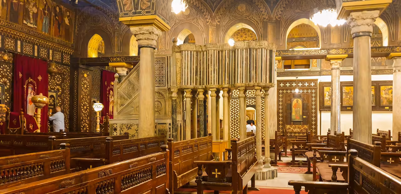 Ornate Coptic church interior in Cairo, a cultural stop on the 8-day Nile cruise tour through Egypt