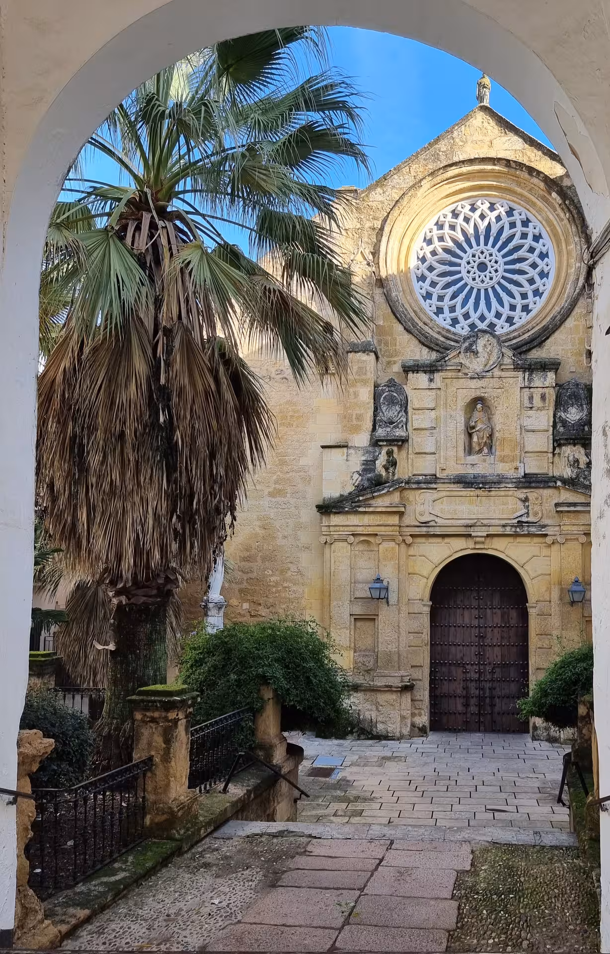 Courtyard view of a Córdoba church rose window and palm tree, seen on the Free Tour Secretos de la Axerquía