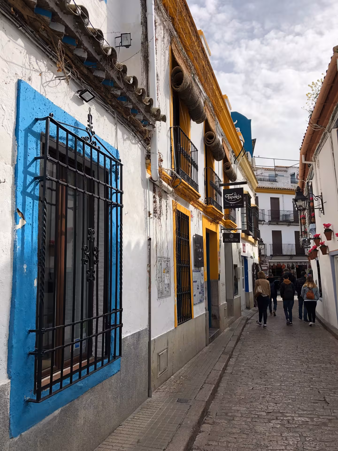 Narrow cobblestone street in Córdoba flanked by colorful traditional buildings, ideal for exploring local culture.