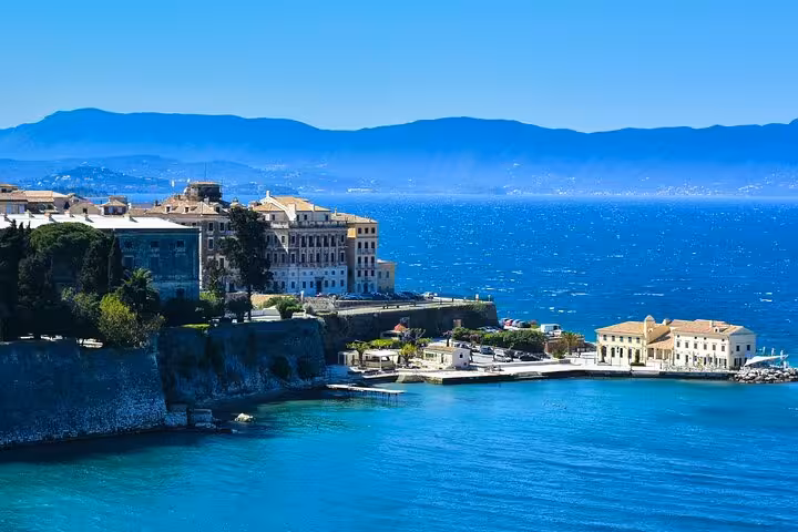 Seaside view of Corfu Old Town and turquoise Ionian Sea on Corfu Beauty & the Beach private tour
