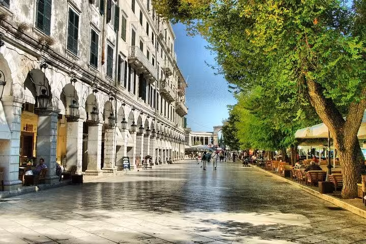 Corfu Old Town Liston promenade with arches and cafes, stop on Corfu Beauty & the Beach private tour