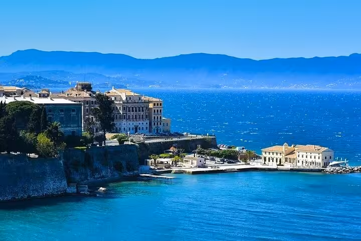 Old Corfu Town waterfront and Venetian fortress views on a private guided walking tour in Corfu, Greece