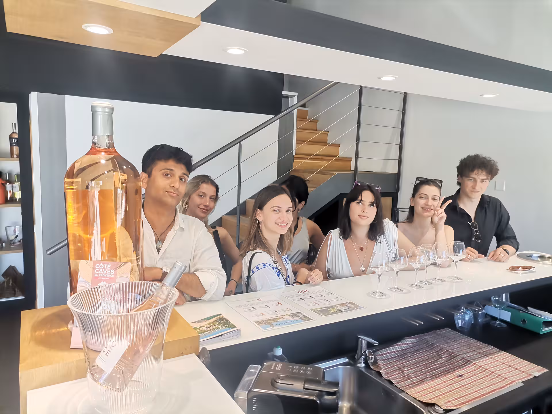 Guests enjoy rosé wine tasting at a Coteaux d'Aix-en-Provence winery near Sainte-Victoire Mountain.