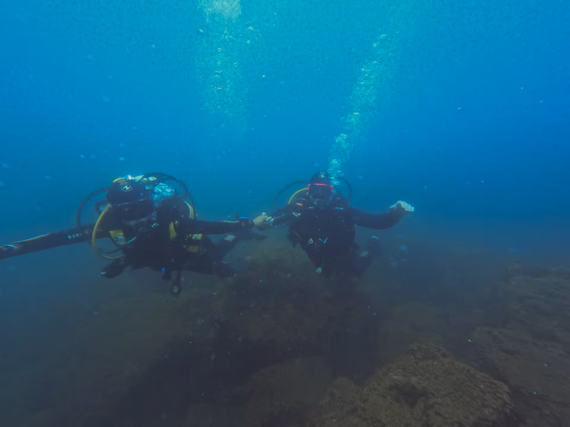 Couple of divers underwater holding hands, arms open posing for photo.