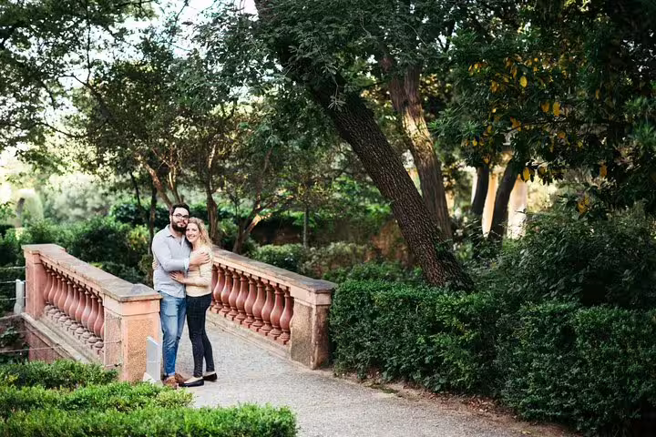 Couple posing on a garden bridge in Milan during a private tour with personal travel photographer