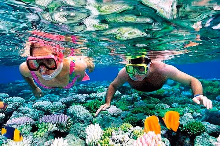 Couple snorkeling over vibrant coral garden on Lovely Island Hurghada boat trip in the Red Sea lagoon