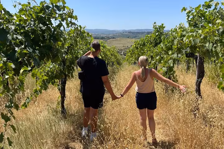 Couple holding hands and exploring a beautiful vineyard in Tuscany during a Vespa tour with lunch and wine.