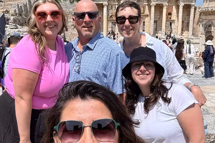 Cruise guests pose at Ephesus ruins near Kusadasi on Ephesus & Mary’s House private or group shore tour