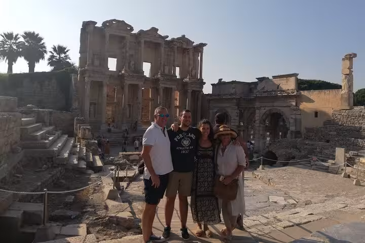 Cruise passengers posing at Library of Celsus on private Ephesus tour, skip-the-line shore excursion
