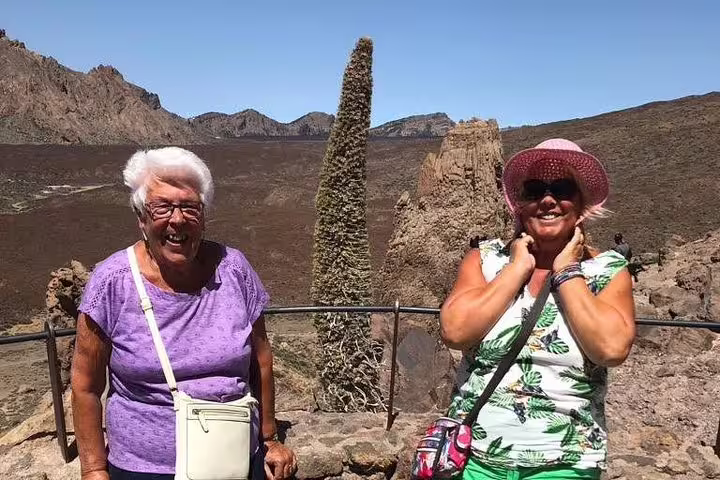 Two tourists enjoy sunny day at Teide National Park with unique rock formations, perfect for private cruise excursions.