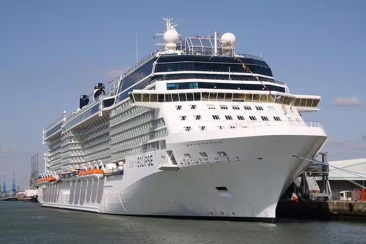 Cruise ship arriving at Port of Piraeus, ideal start for private transfer to Athens city centre hotels