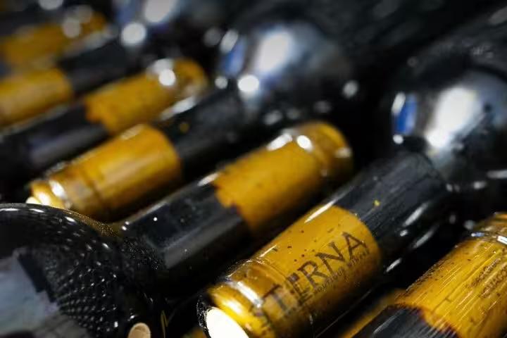 Close-up of Cypriot wine bottles for The Aphrodite Experience winery tasting near Bath of Aphrodite