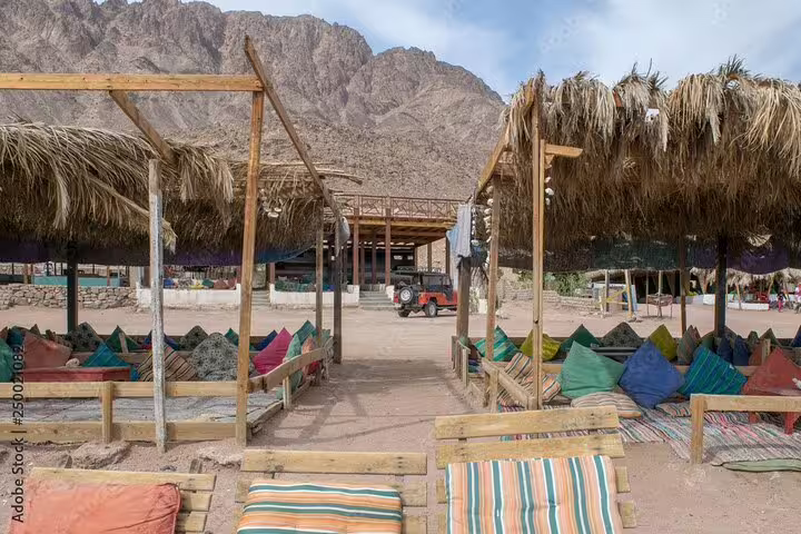 Bedouin beach camp seating at 3 Pools National Park on a Dahab day trip from Sharm el Sheikh, Sinai