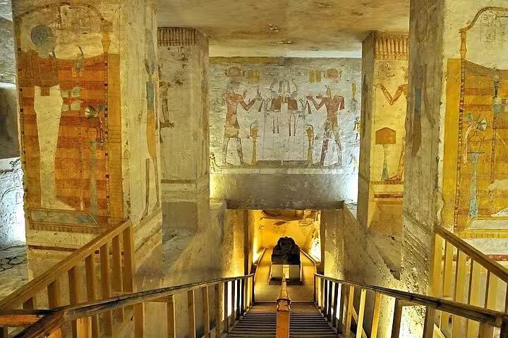 Ancient Egyptian tomb stairway with wall paintings, visited on 5 days 4 nights Dahabiya Nile cruise Egypt