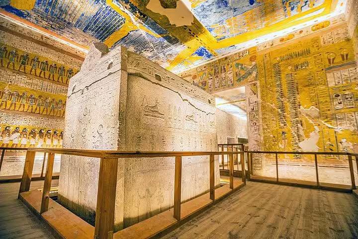 Decorated pharaoh tomb chamber with sarcophagus, stop on 5 days 4 nights Dahabiya Nile cruise itinerary