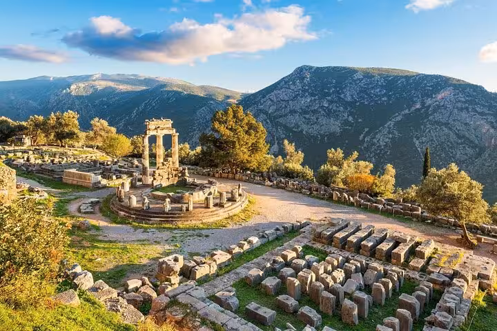 Delphi archaeological site with Tholos of Athena Pronaia and Mount Parnassus on a 2-day private tour